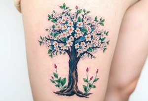 Flowering hawthorne tree with white lilly of the vally bell plants planted by  tree with other lilly plants t8q tattoo idea