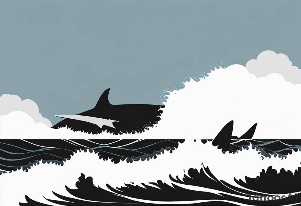 Black and white silhouette illustration of a massive shark tail sticking up through the sea. The shark is swimming near the surface, creating a large wave. The tail is bold and dramatic, with sharp, clean lines to emphasize its size and power. The background features a serene sky with a few simple cloud shapes, providing a calm contrast to the intensity of the shark's presence in the water. tattoo idea