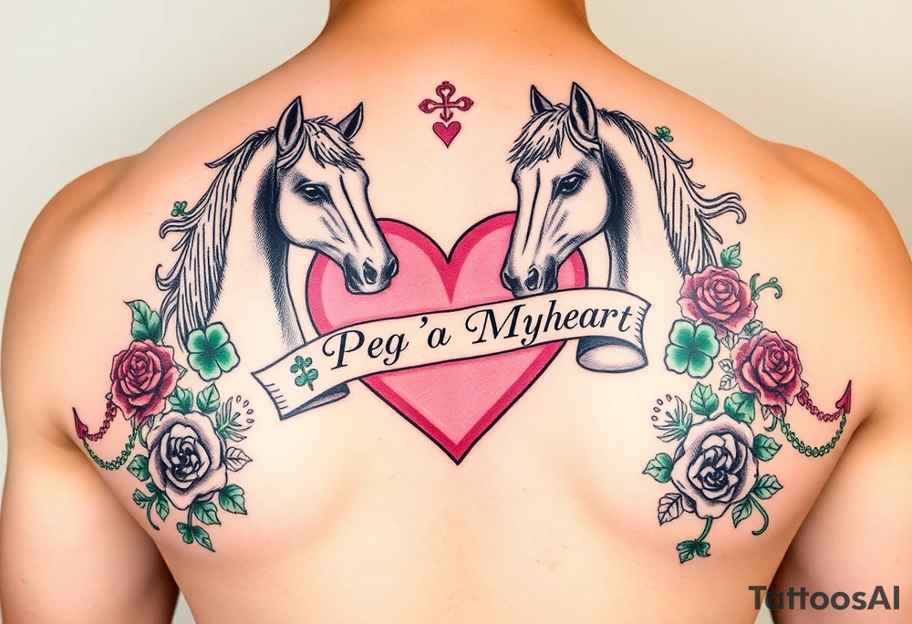 A lot of green shamrocks & red roses, horses with a big Pink heart and a banner across the heart that says Peg 'o My Heart tattoo idea