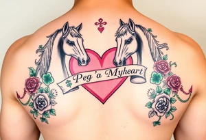A lot of green shamrocks & red roses, horses with a big Pink heart and a banner across the heart that says Peg 'o My Heart tattoo idea