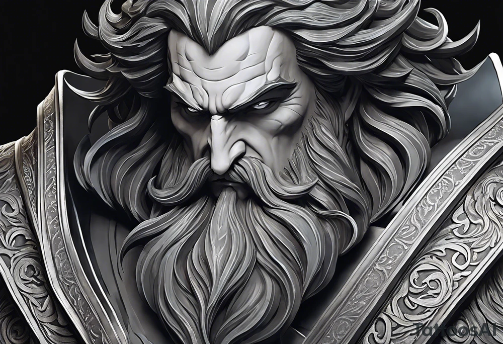 Hadès is depicted with a commanding presence, his features carefully detailed to reflect his dark and enigmatic nature. His face is stern, with deep-set eyes that exude an aura of authority and mystery. His dark, shoulder-length hair and beard are rendered with meticulous shading, adding texture and depth. He wears a regal but somber cloak, which is intricately detailed with realistic folds and shadows, emphasizing his status as the ruler of the underworld. In one hand, he holds a bident, a two-pronged staff symbolizing his power over the dead. The bident is rendered with fine detail, including ornate designs along its handle. The background is kept minimalistic to ensure the focus remains on Hadès himself. The tattoo highlights realistic textures and shadows, bringing out the god’s formidable and brooding presence. The overall effect captures the essence of Hadès as a powerful and revered deity of the Greek pantheon. tattoo idea