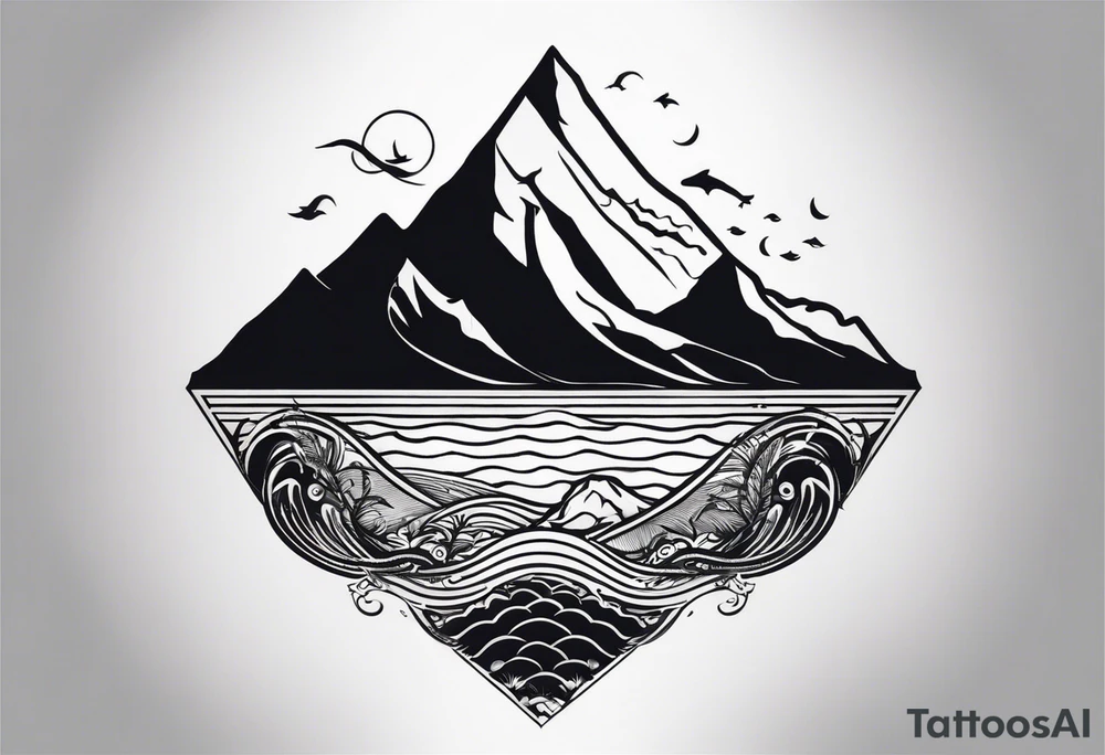 This is a minimalistic tattoo that is split into 2 sections; a top half and a bottom half. The top half is a mountain in Norway with a mountain bike trail winding down the mountain. The bottom half of the tattoo depicts an underwater scene featuring water, and sea life. tattoo idea