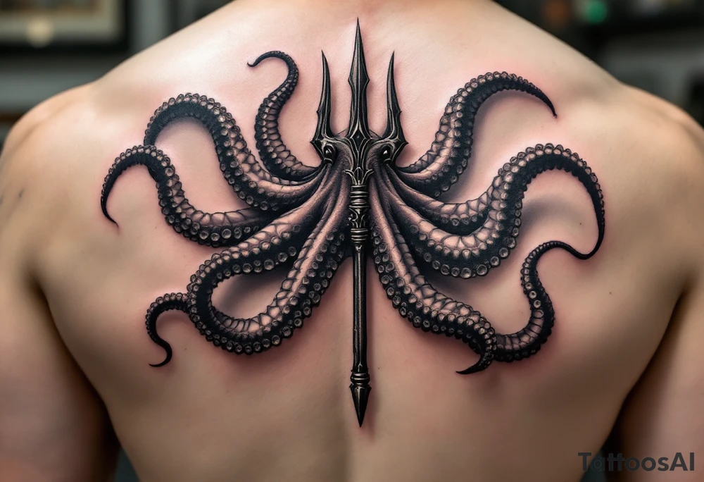 giant octopus around a trident tattoo idea