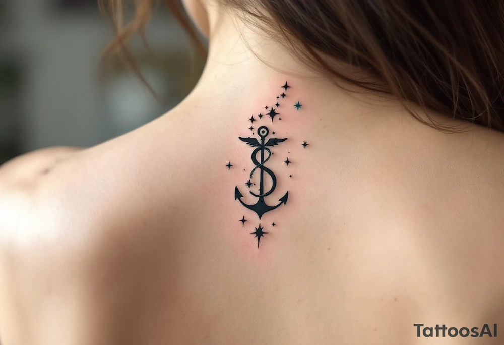 The Virgo glyph in black anchors a trail of pastel-colored stars that form the constellation on the upper spine. tattoo idea