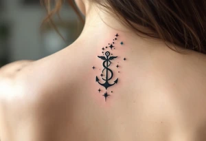 The Virgo glyph in black anchors a trail of pastel-colored stars that form the constellation on the upper spine. tattoo idea