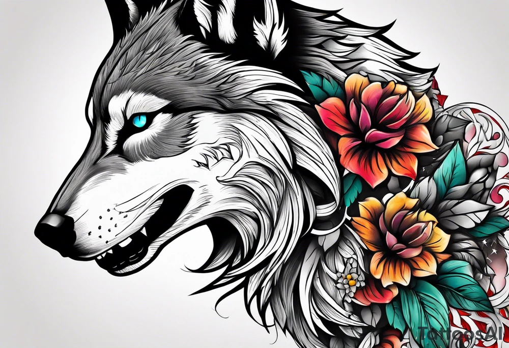 Half wolf half skull head tattoo idea