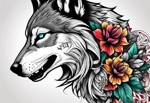 Half wolf half skull head tattoo idea