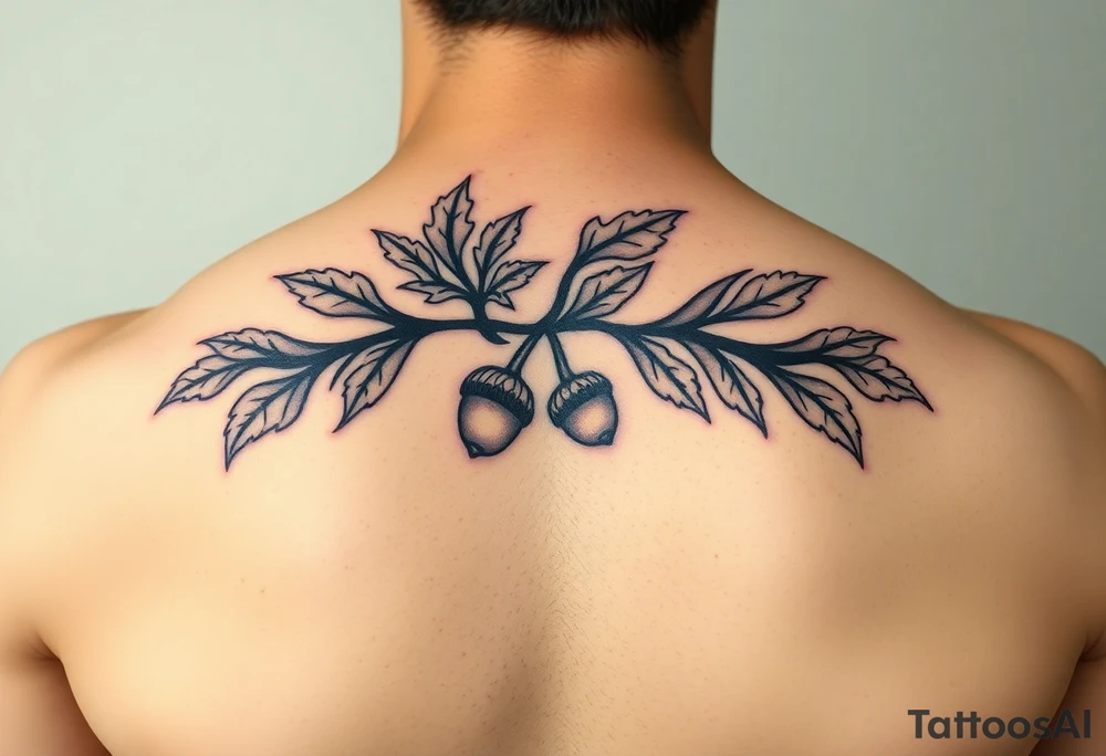 oak branch with thick leaves and acorns tattoo idea