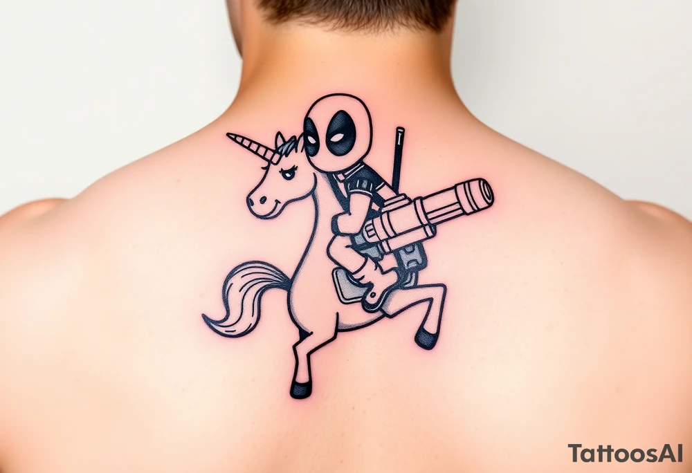 Deadpool riding cartoon unicorn holding rocket propelled grenade launcher tattoo idea