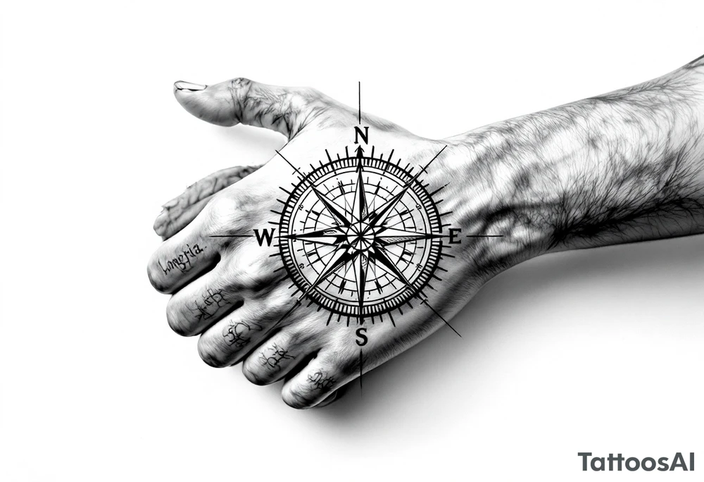 Compass on the hand in the shape of Nigeria with longitude written on the top and latitude written on the bottom. Draw long symmetrical lines leading from the arm connecting to the compass tattoo idea