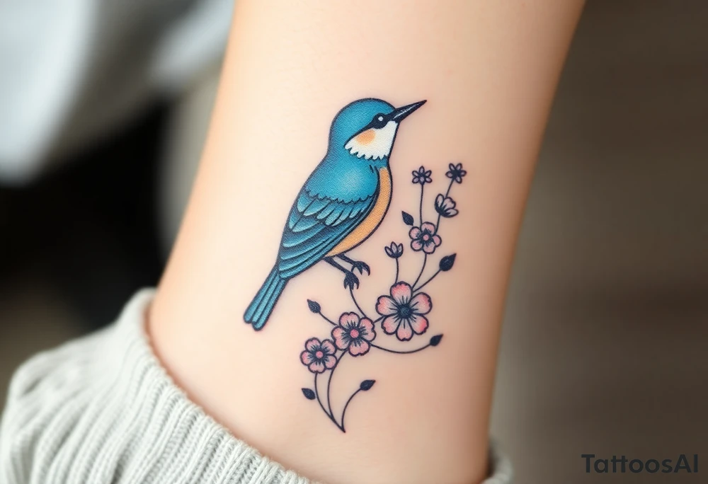 Bluebird with wild flowers tattoo idea