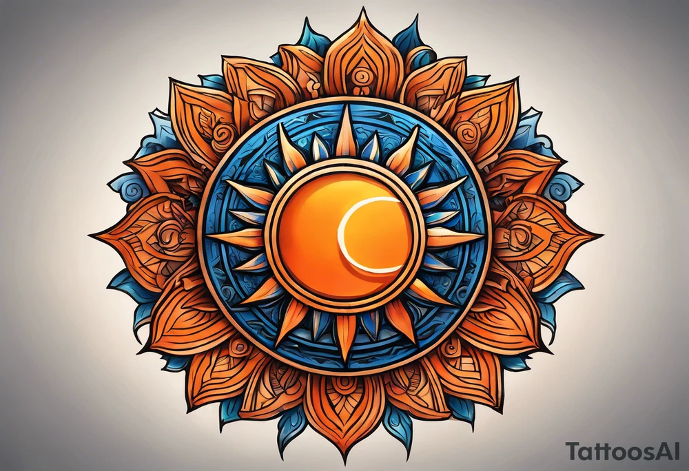 I'd like a tattoo of an orange sun with a blue ohm symbol superimposed on it. The sun should be behind the ohm symbol. tattoo idea