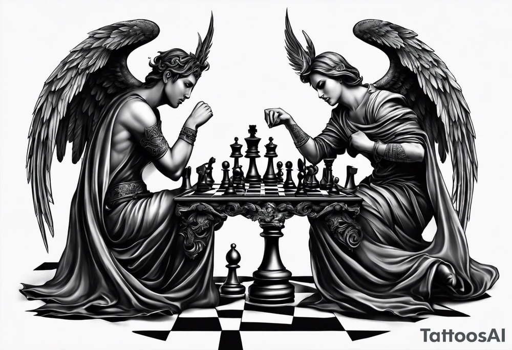 angel checkmate playing devil in chess good and evil side tattoo idea