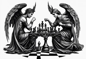angel checkmate playing devil in chess good and evil side tattoo idea