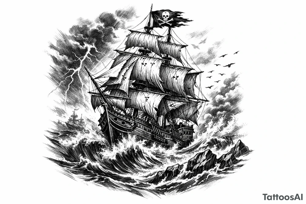 a pirate ship on stormy sea. tattoo idea