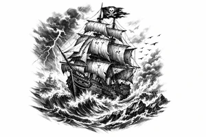 a pirate ship on stormy sea. tattoo idea