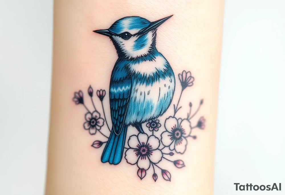 Puffy bluebird surrounded by wild flowers tattoo idea