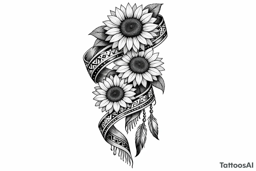 3 cascading Sunflowers wrapped in an Native American Indian ribbon tattoo idea