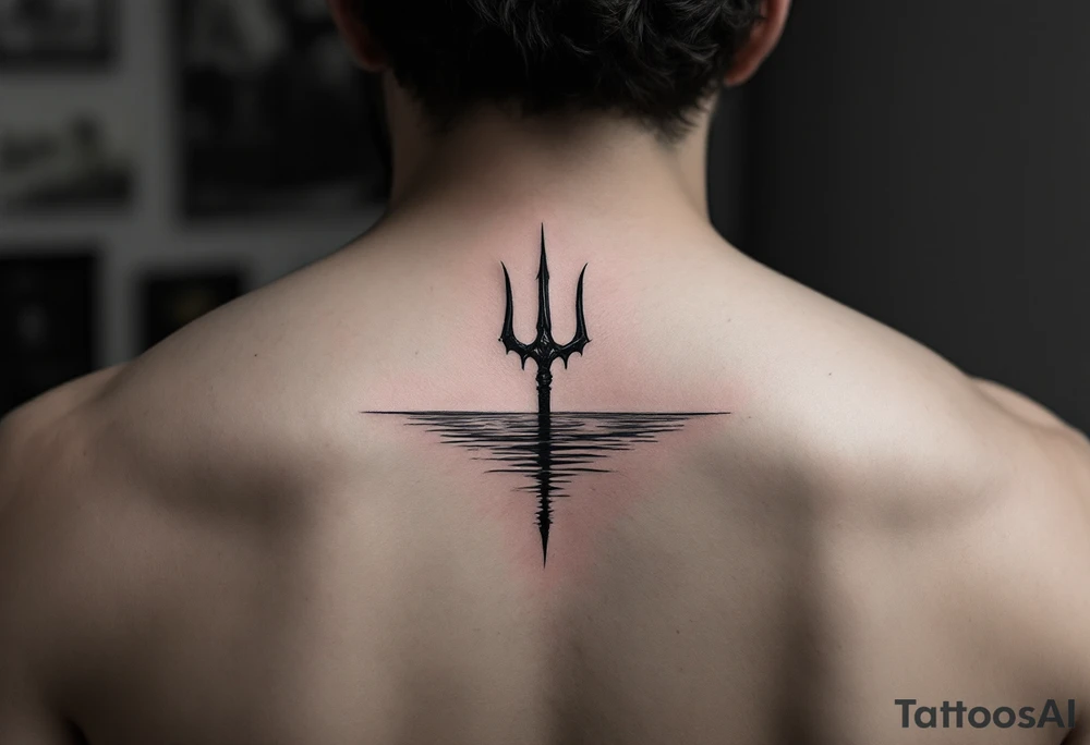 trident half way under calm water tattoo idea
