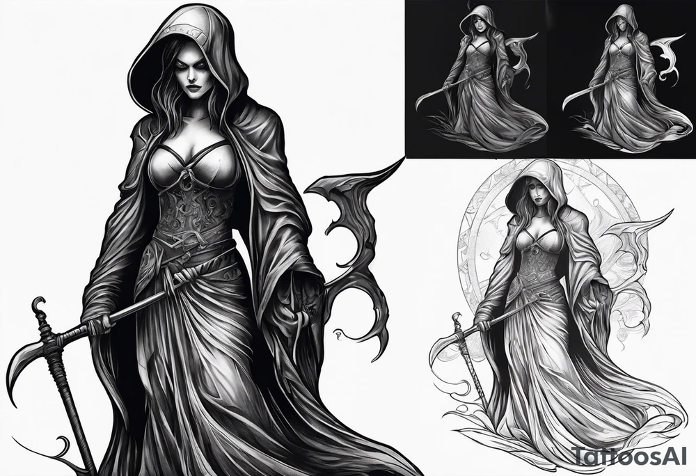 Full body of a Female grim reaper tattoo idea