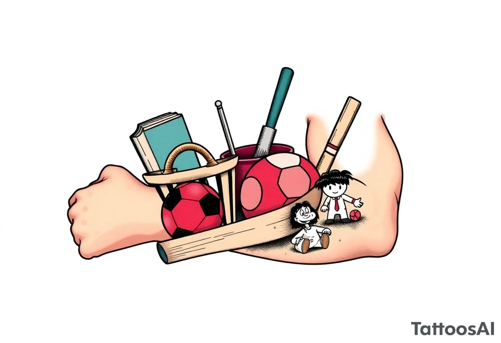 Childhood memories of a book, a bucket and spade, a football, a cricket bat, a cartoon of Dennis the Menace from the Beano comic tattoo idea