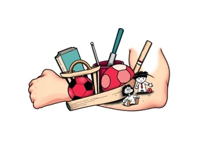 Childhood memories of a book, a bucket and spade, a football, a cricket bat, a cartoon of Dennis the Menace from the Beano comic tattoo idea