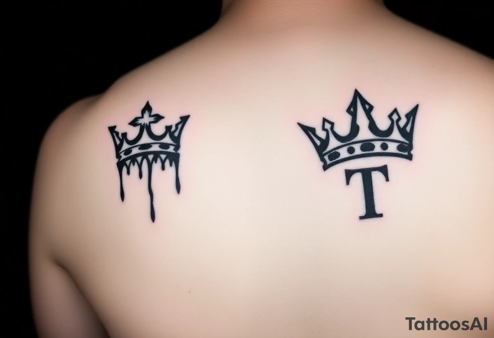 Matching/ connecting tattoos:

Your Tattoo (Queen): A graffiti-style crown, perhaps dripping or with sharp, geometric edges. Hidden in the drips of the graffiti could be a very stylized, almost-unreadable 'J'.
His Tattoo (King): A bold, graphic crown with a worn, distressed look. Instead of a traditional crown, it could be a simple, impactful graphic reminiscent of a spray-painted tag. A hidden 'T' could be integrated into the shadow or detail.
Connecting Element: Both tattoos use the same unique "urban" style, such as blackwork, trash polka, or gritty black and gray realism. The crowns can be placed on opposite arms so they face each other when you hold hands. tattoo idea