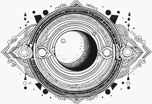 simple jupiter with circular objects and geometric elements, stippled shading, little bit of dotwork, white background tattoo idea
