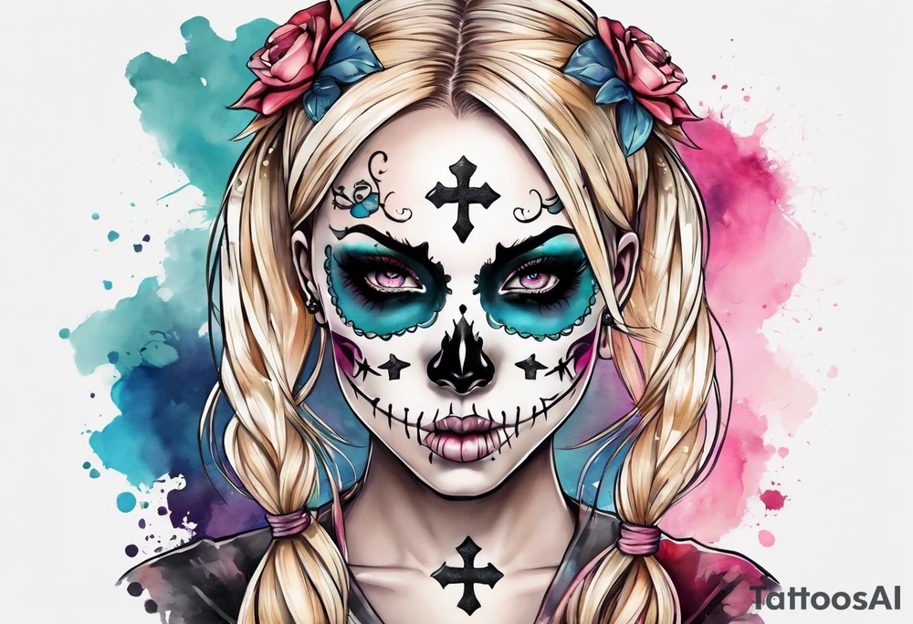 feminine skull and cross bones with blonde pigtails tattoo idea
