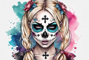 feminine skull and cross bones with blonde pigtails tattoo idea
