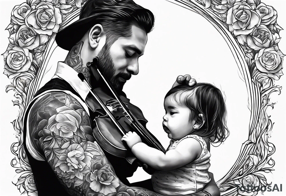 Si hay ángeles si hay violines, si hay estrellas baby ahi estaré.(quote)  Tattoo of father holding his daughter. (RIP) Daddy loved music tattoo idea