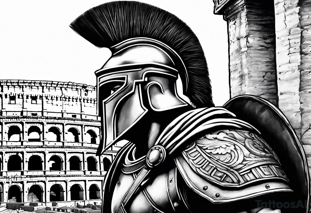Side profile of spartan soilder looking left at Roman colosseum tattoo idea