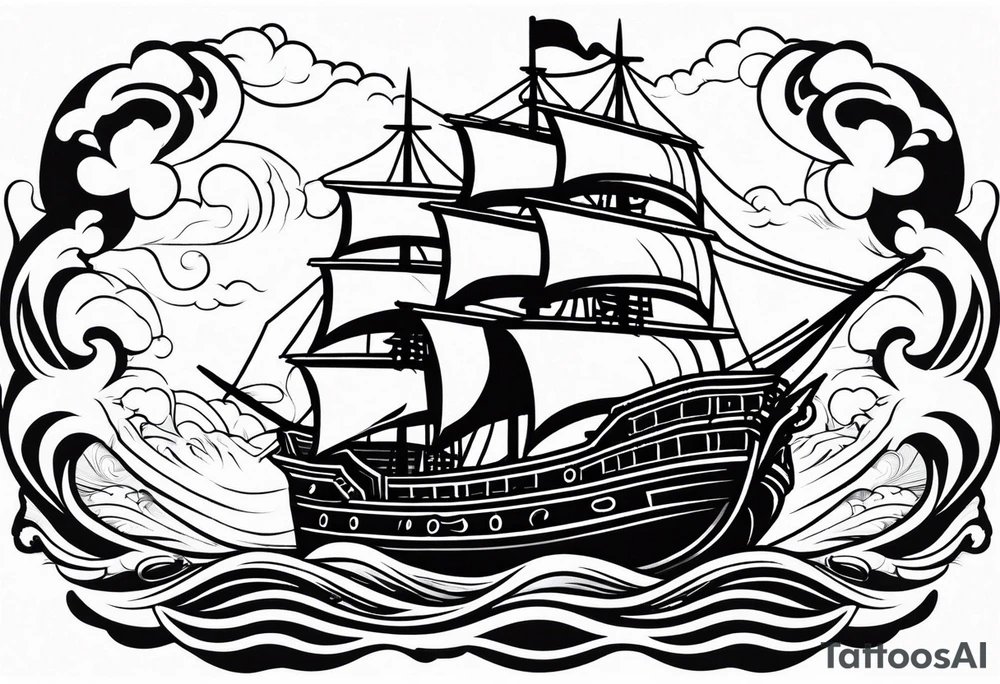 Black pearl pirate ship with waves tattoo idea