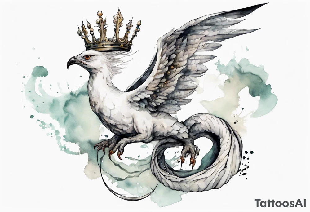 a white bird-serpent hybrid, wearing a small crown, flying in the air tattoo idea