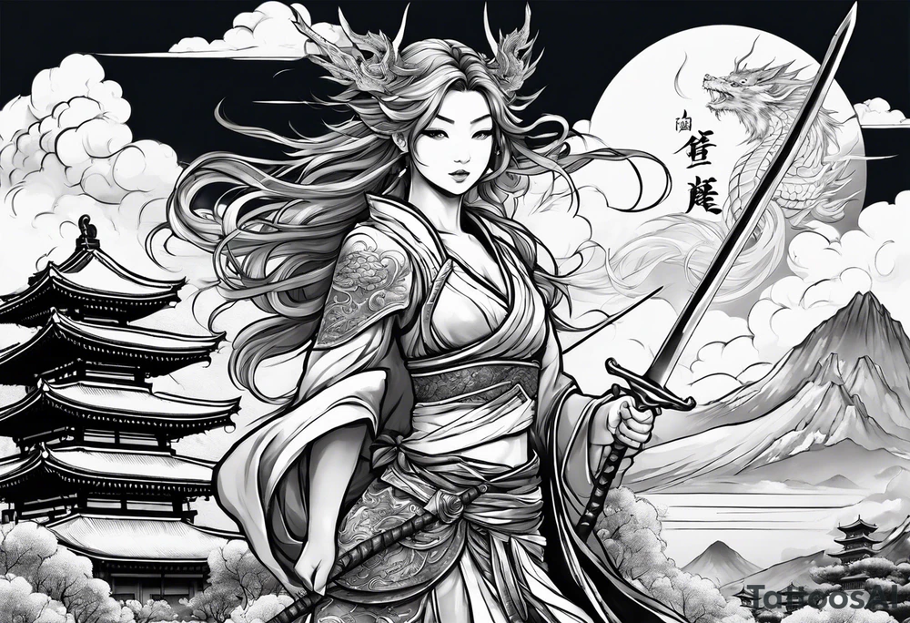 warrior beautiful fairy nymph with a full body with a sword and a full dragon with a mountain with clouds and a Japanese building background tattoo idea