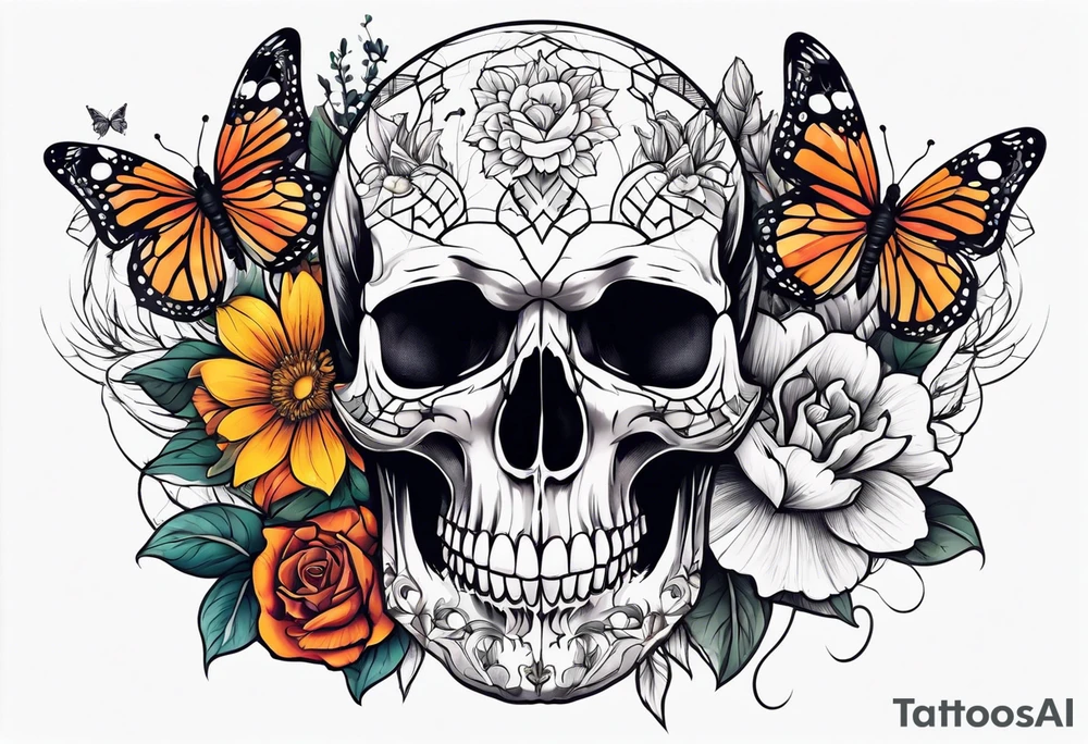 Skull tattoo with a large scorpion, butterflies, and flowers tattoo idea