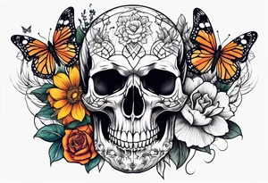 Skull tattoo with a large scorpion, butterflies, and flowers tattoo idea