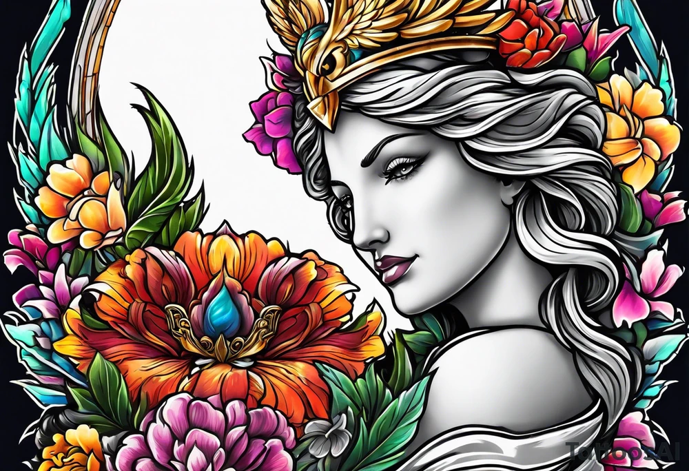 phoenix, lady justice and flowers tattoo idea