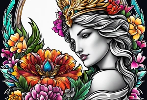 phoenix, lady justice and flowers tattoo idea