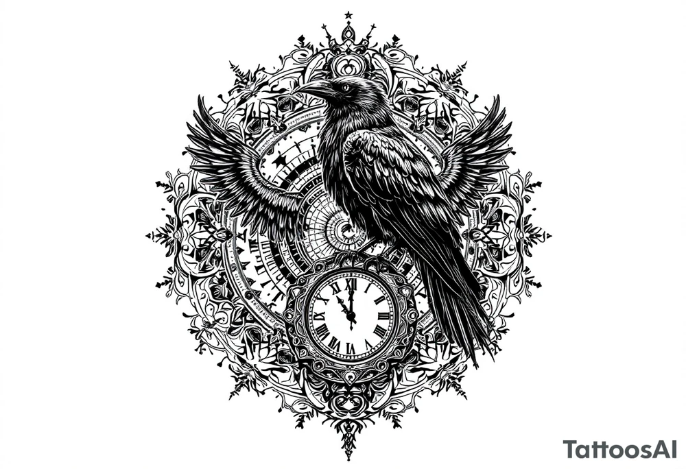black raven standing on a clock face mandala tattoo idea