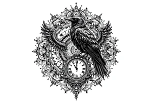 black raven standing on a clock face mandala tattoo idea