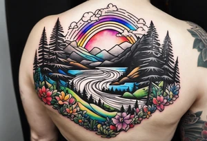Black/ white tattoo that represents my love of hiking, my Hawaii upbringing,  my Finnish roots, and with a colored small rainbow flag tattoo idea