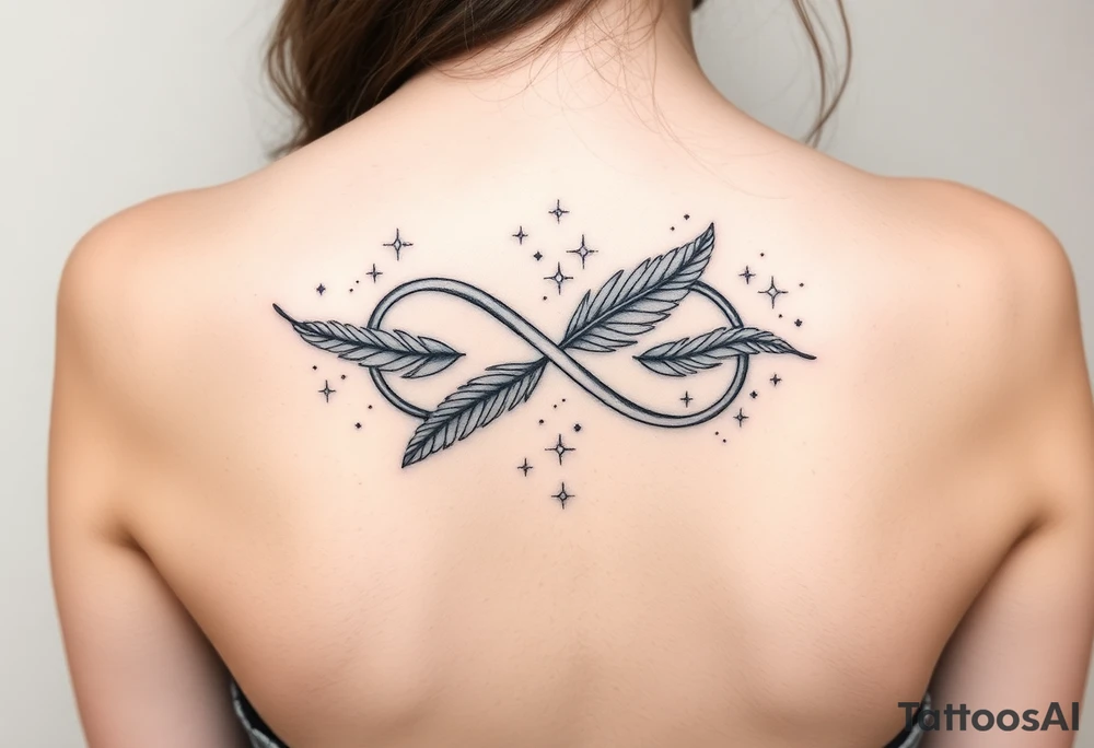 infinity symbol woven with floating feathers and stardust tattoo idea