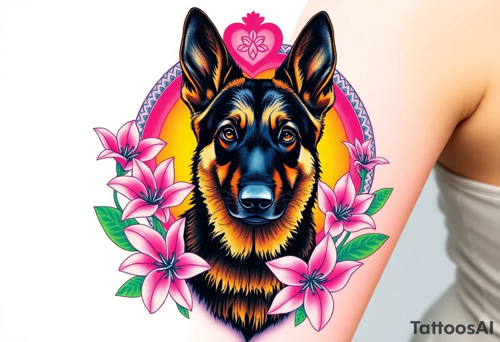 realistic german shepherd with alert ears looking protective surrounded by pink lilies with leaves in front of a sacred heart tattoo idea