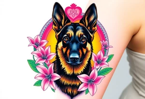 realistic german shepherd with alert ears looking protective surrounded by pink lilies with leaves in front of a sacred heart tattoo idea