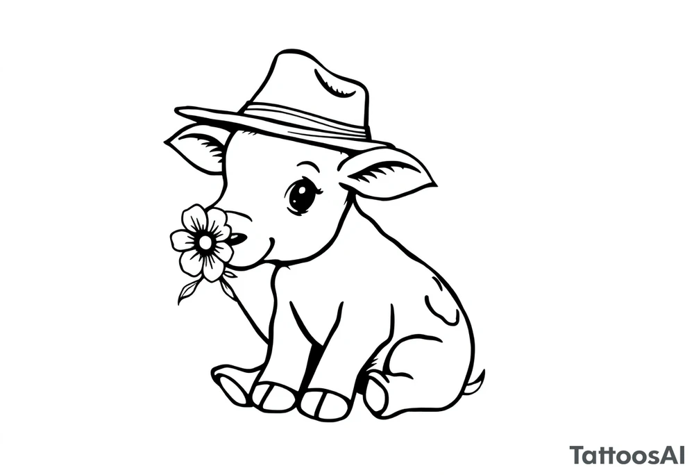 cute black and white baby cow sitting wearing a cowboy hat with a flower in mouth tattoo idea