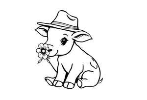 cute black and white baby cow sitting wearing a cowboy hat with a flower in mouth tattoo idea