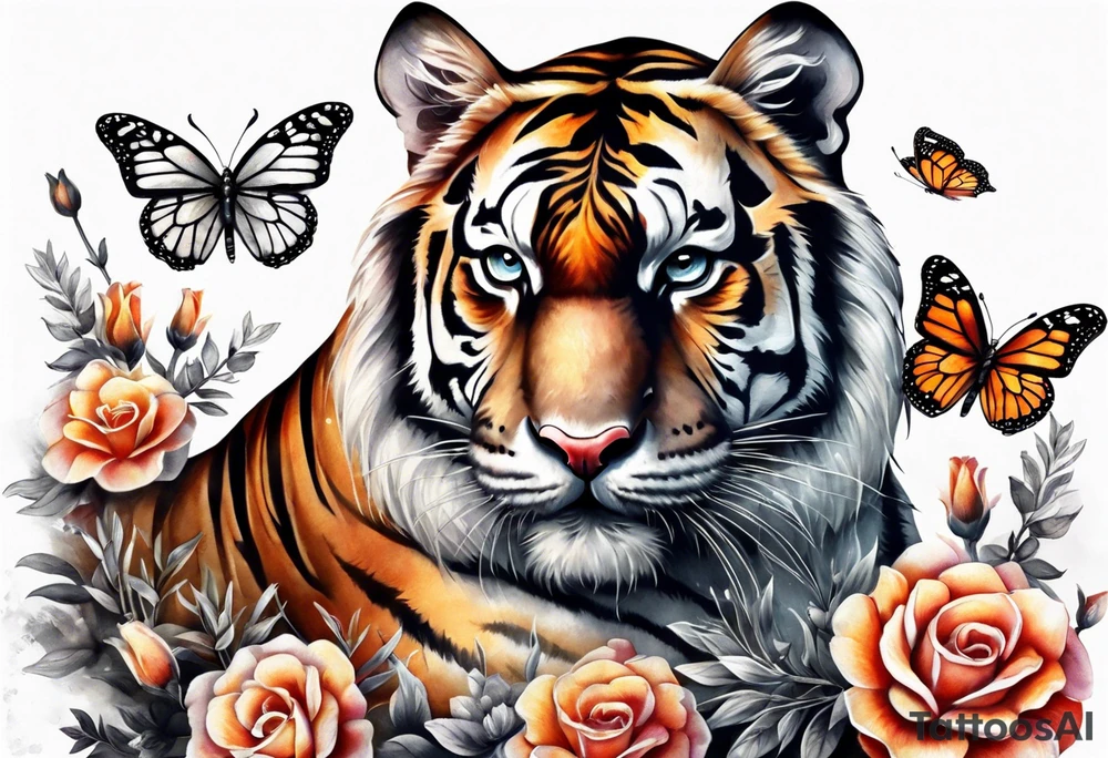 realistic full body tiger, 3 butterflies, flowers for ladies thigh / hip shaded tattoo idea