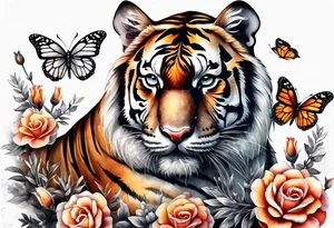 realistic full body tiger, 3 butterflies, flowers for ladies thigh / hip shaded tattoo idea
