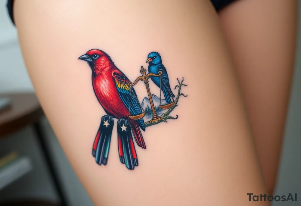 one of the birds red wearing a suit, other bird navy blue with glasses or holding a book, scales of justice built into a tree, starry night painting and mountain background tattoo idea